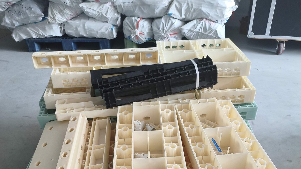 Plastic formwork modules staged for final quality inspection